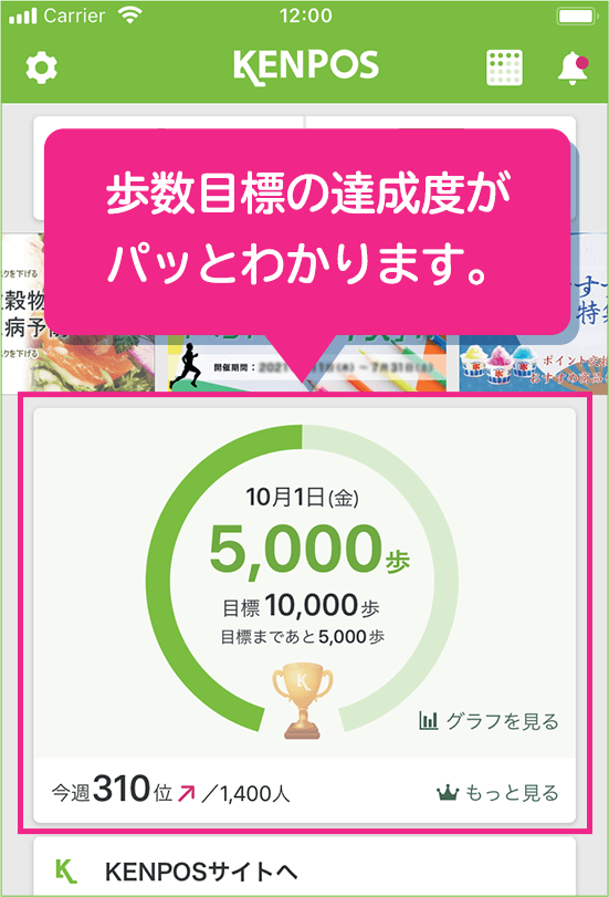 歩数目標の達成度がパッとわかります。